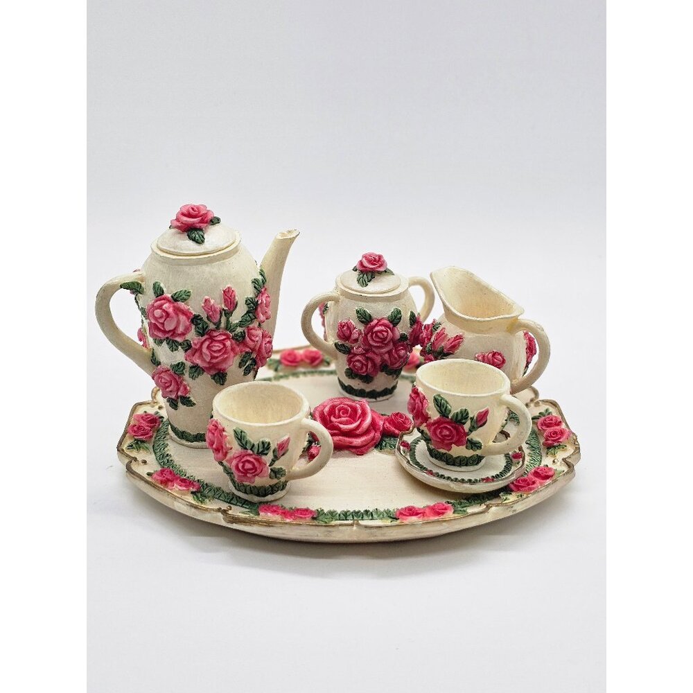 Miniature Floral Tea Set: Fairy Garden Decor, Dollhouse Play